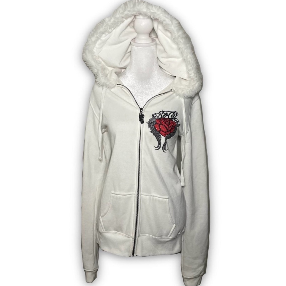 White Hoodie with Red Embroidery and Faux Fur Hood